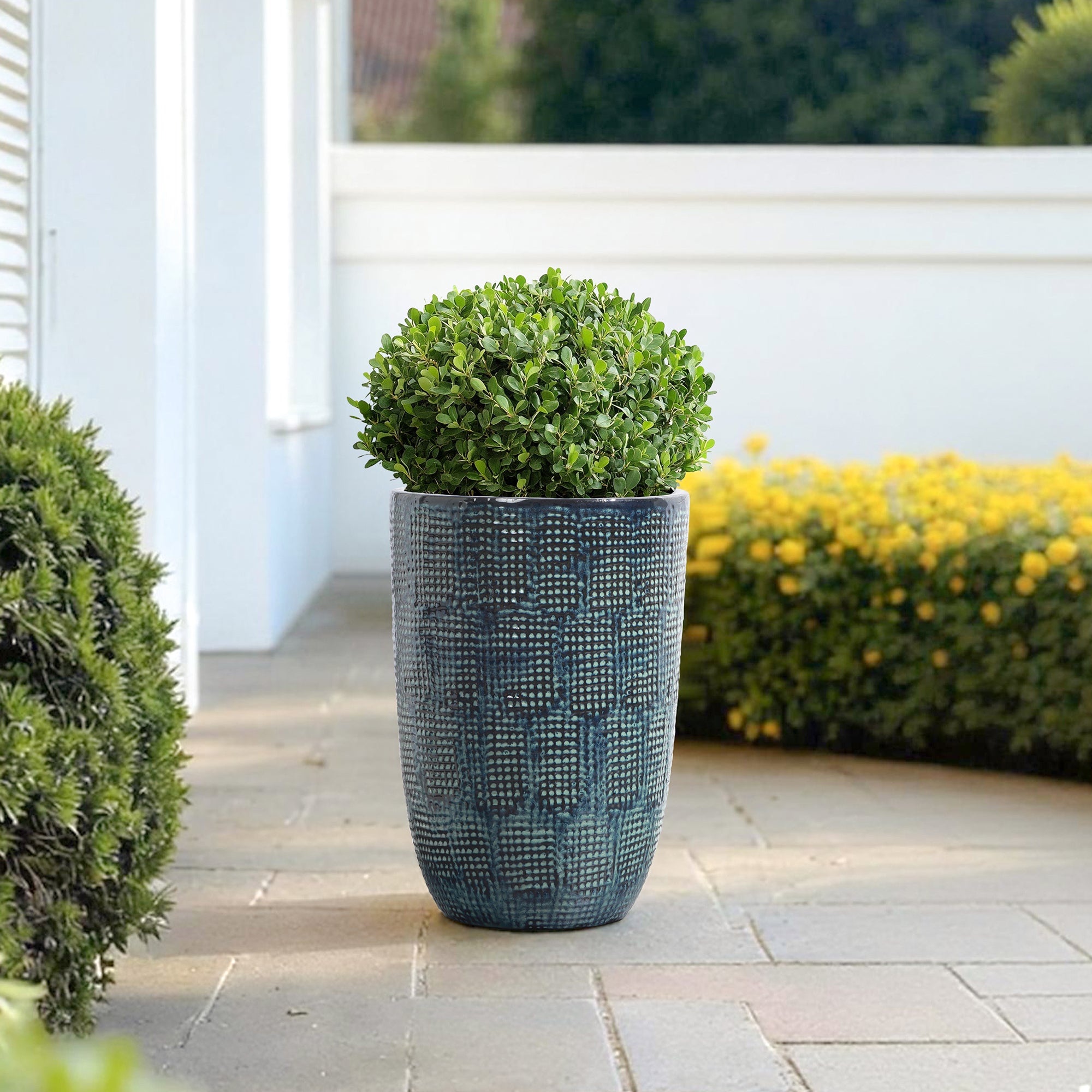 Ocean Grid Textured Ceramic Planter, Green-Blue Pot with Raised Pattern