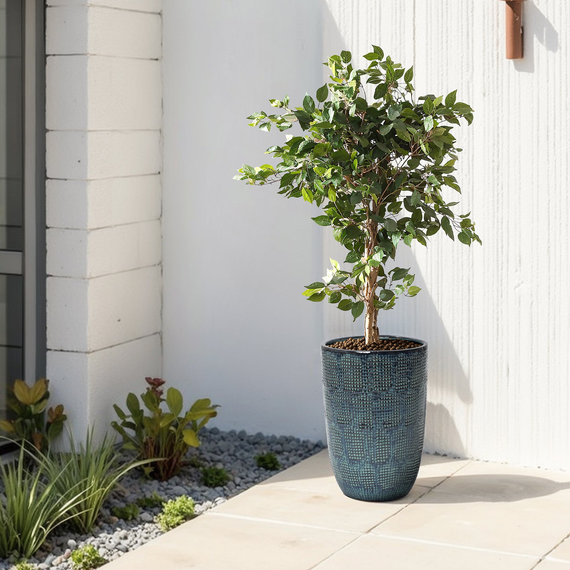 Ocean Grid Textured Ceramic Planter, Green-Blue Pot with Raised Pattern