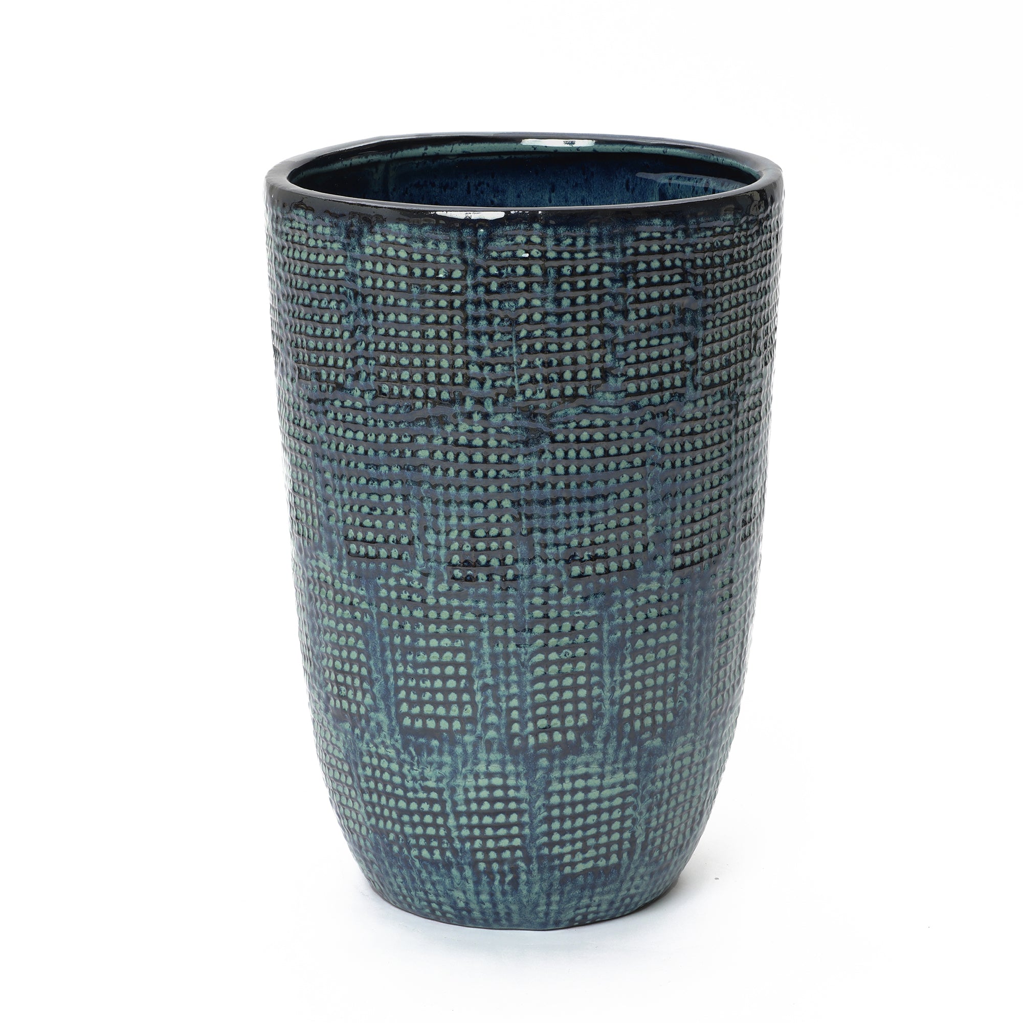 Ocean Grid Textured Ceramic Planter, Green-Blue Pot with Raised Pattern