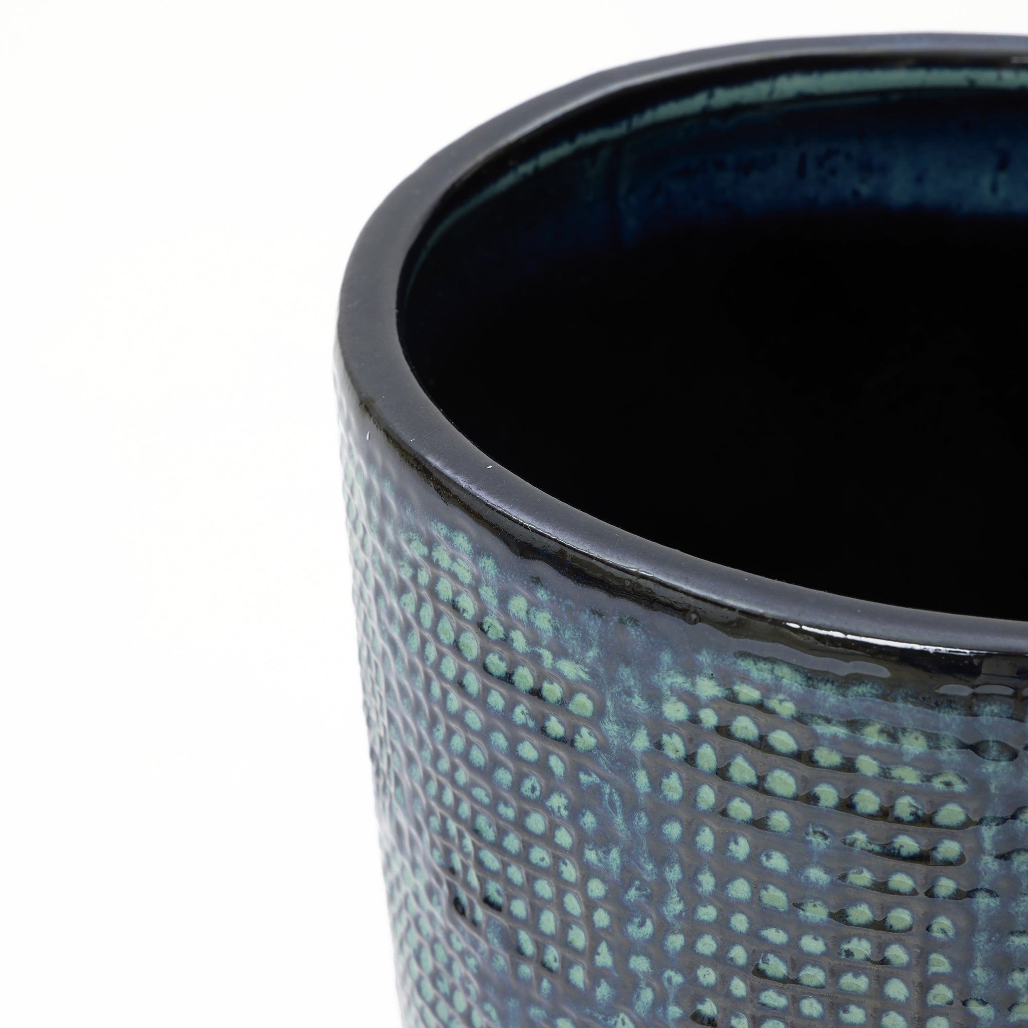 Ocean Grid Textured Ceramic Planter, Green-Blue Pot with Raised Pattern