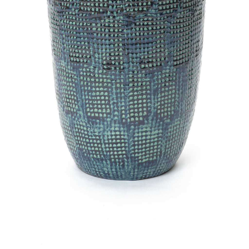 Ocean Grid Textured Ceramic Planter, Green-Blue Pot with Raised Pattern