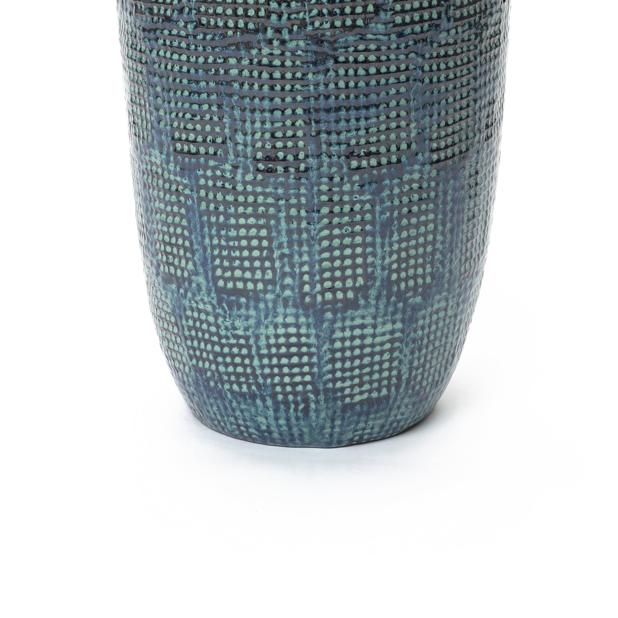 Ocean Grid Textured Ceramic Planter, Green-Blue Pot with Raised Pattern