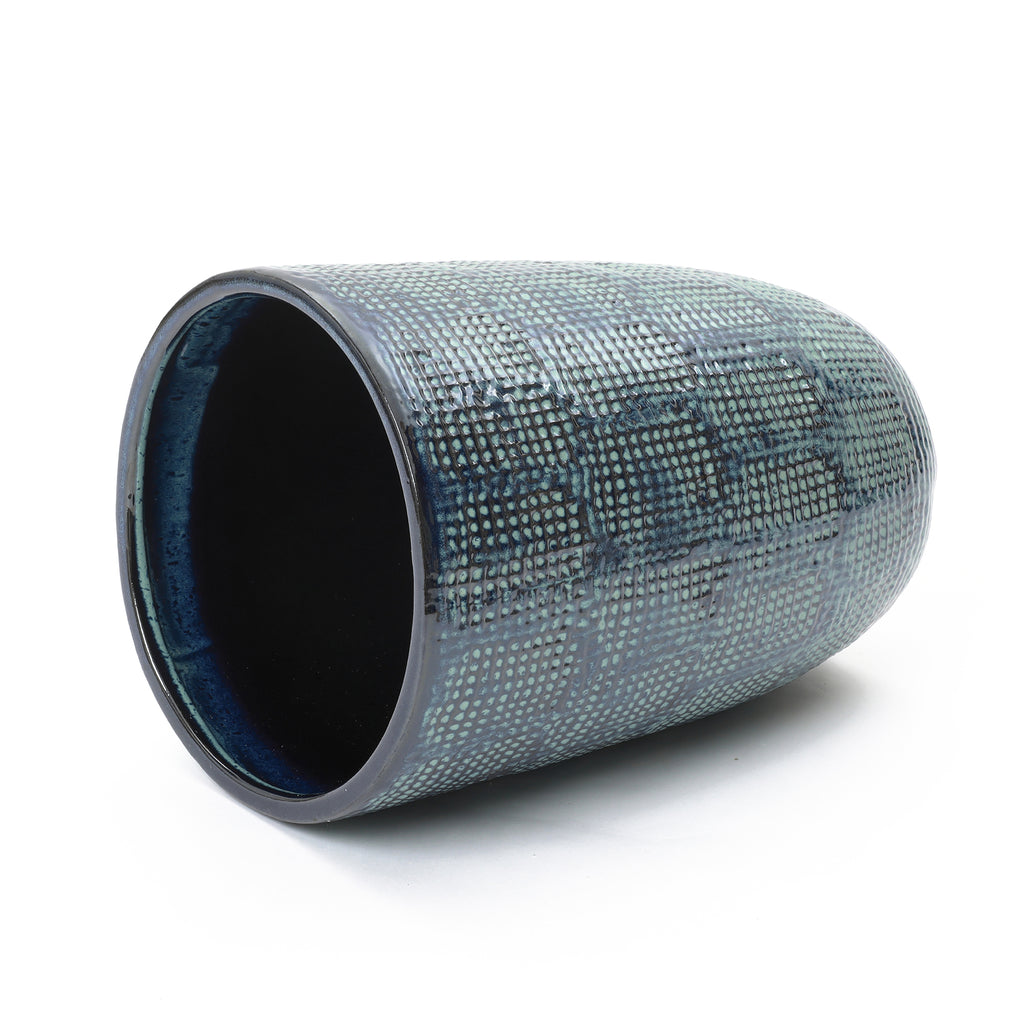 Ocean Grid Textured Ceramic Planter, Green-Blue Pot with Raised Pattern