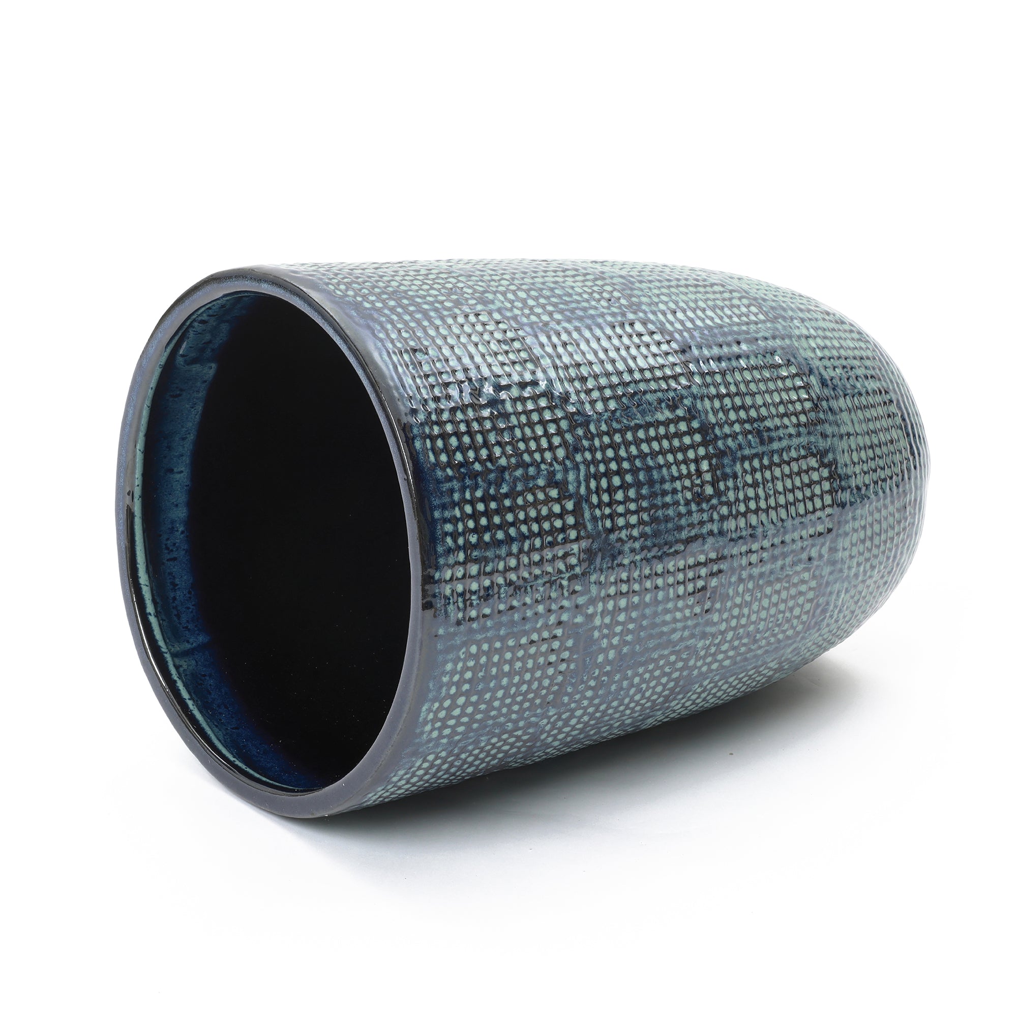 Ocean Grid Textured Ceramic Planter, Green-Blue Pot with Raised Pattern
