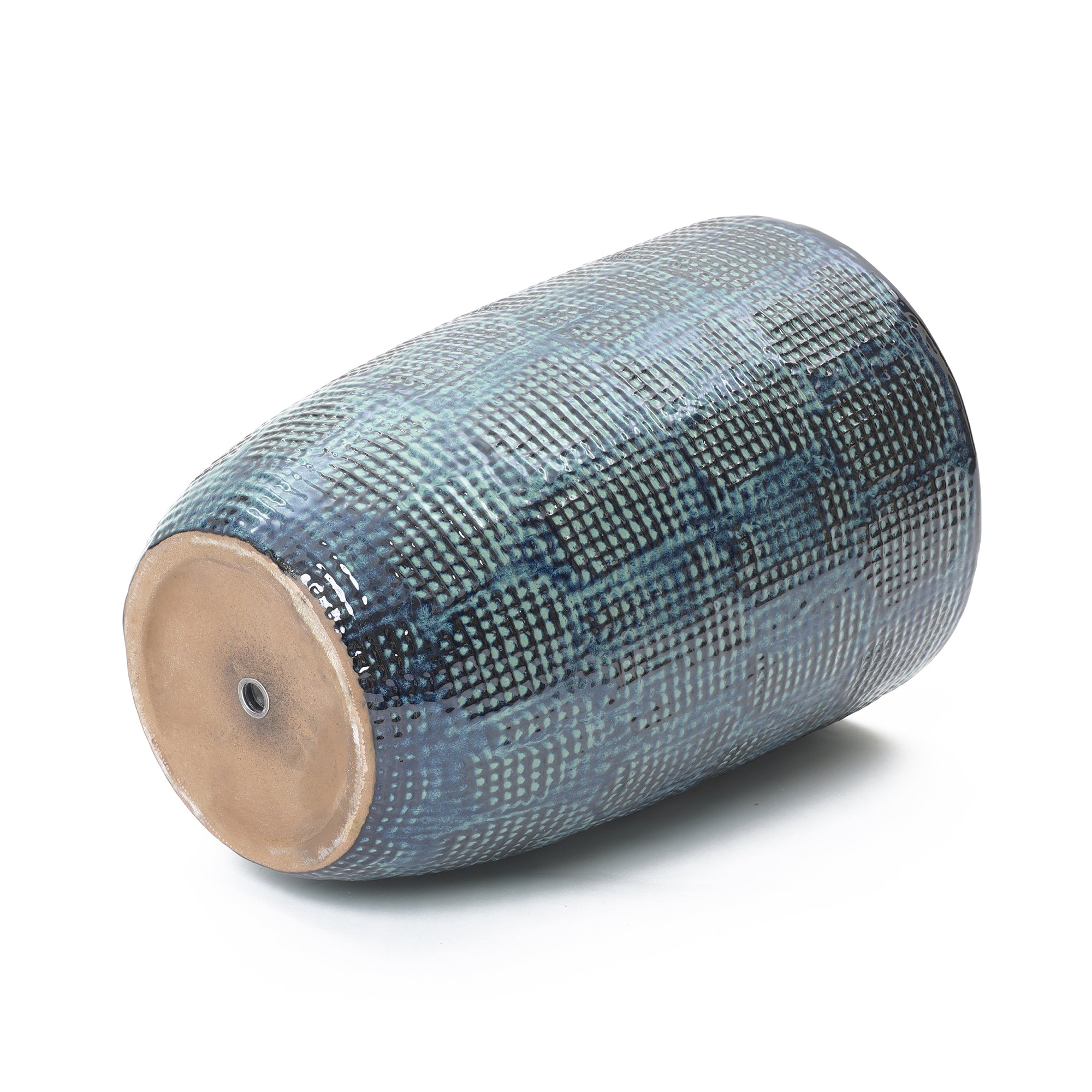 Ocean Grid Textured Ceramic Planter, Green-Blue Pot with Raised Pattern