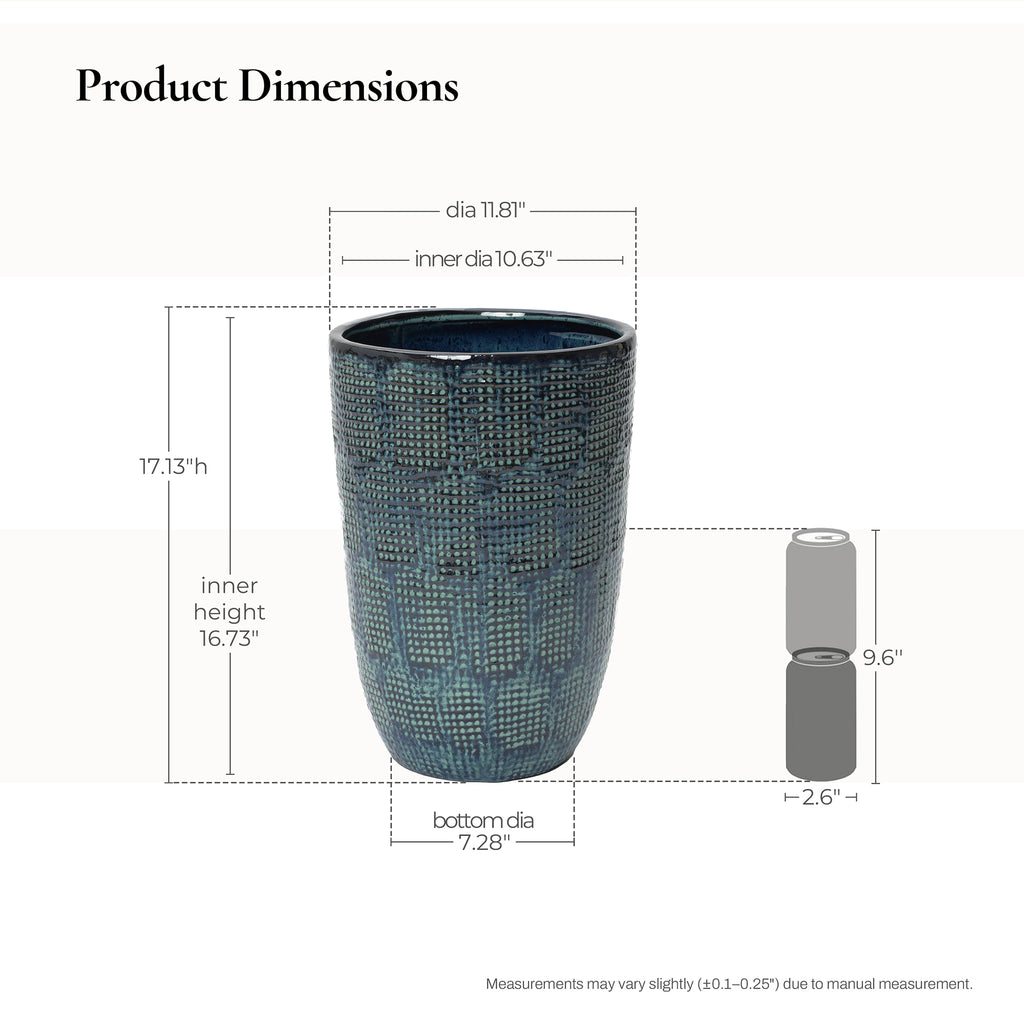 Ocean Grid Textured Ceramic Planter, Green-Blue Pot with Raised Pattern