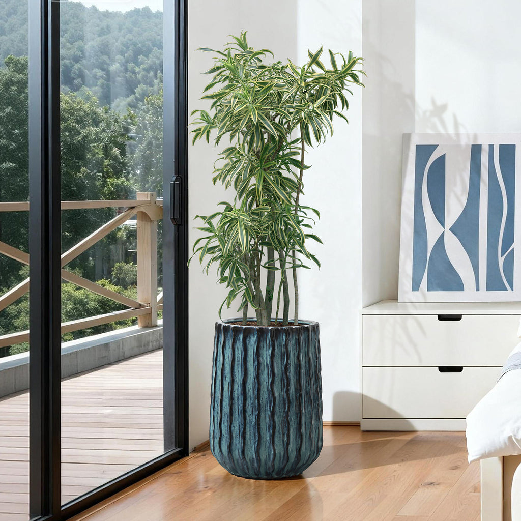 Verdant Rise Ribbed Ceramic Planter, Coastal Gradient Decorative Pot