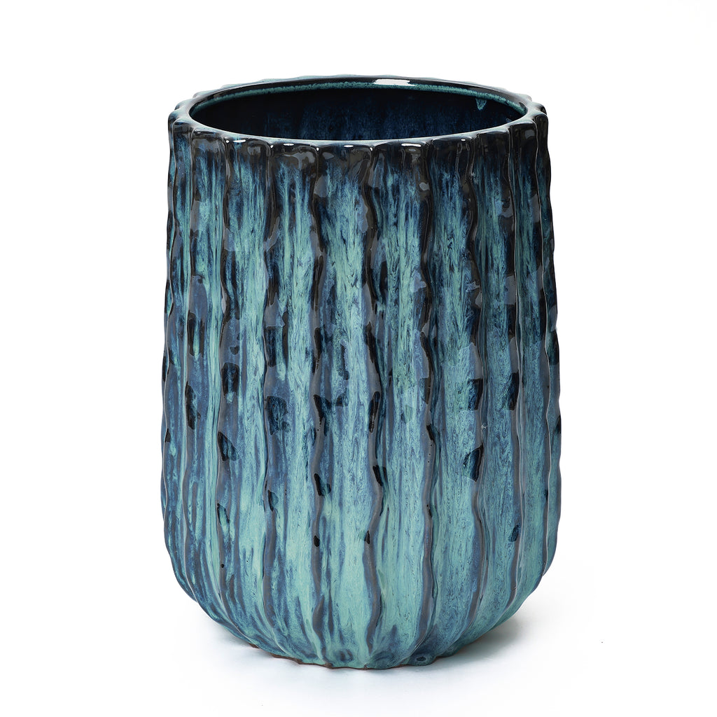 Verdant Rise Ribbed Ceramic Planter, Coastal Gradient Decorative Pot
