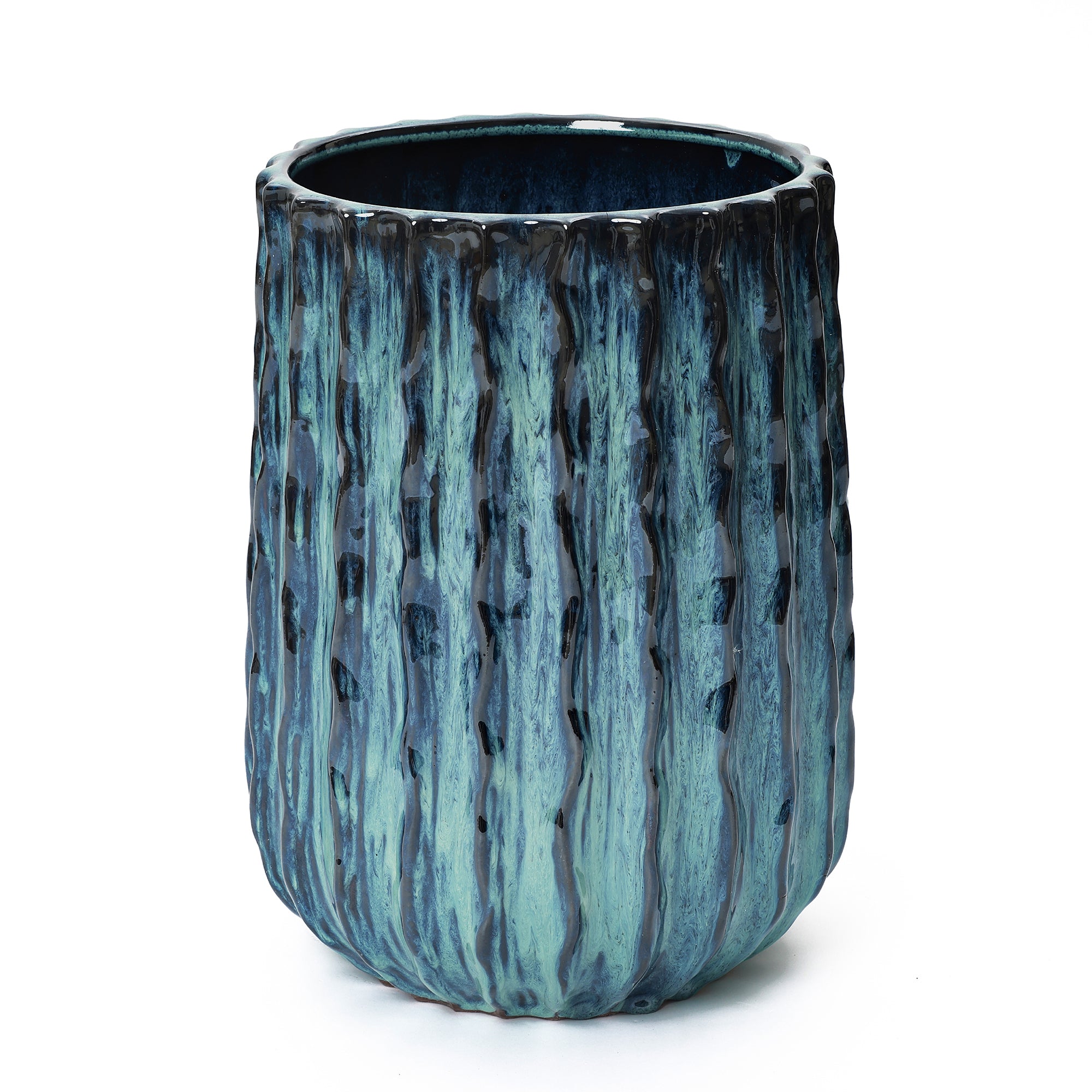 Verdant Rise Ribbed Ceramic Planter, Coastal Gradient Decorative Pot