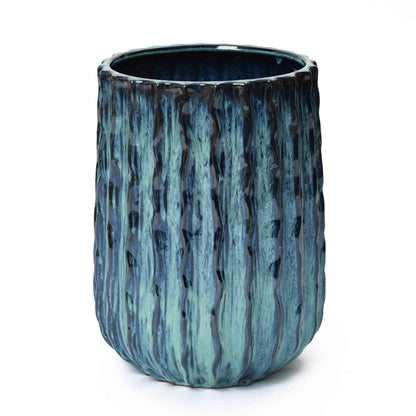 Cove Fluted Ceramic Tall Planter, Blue-Green Ombre, 17.5"