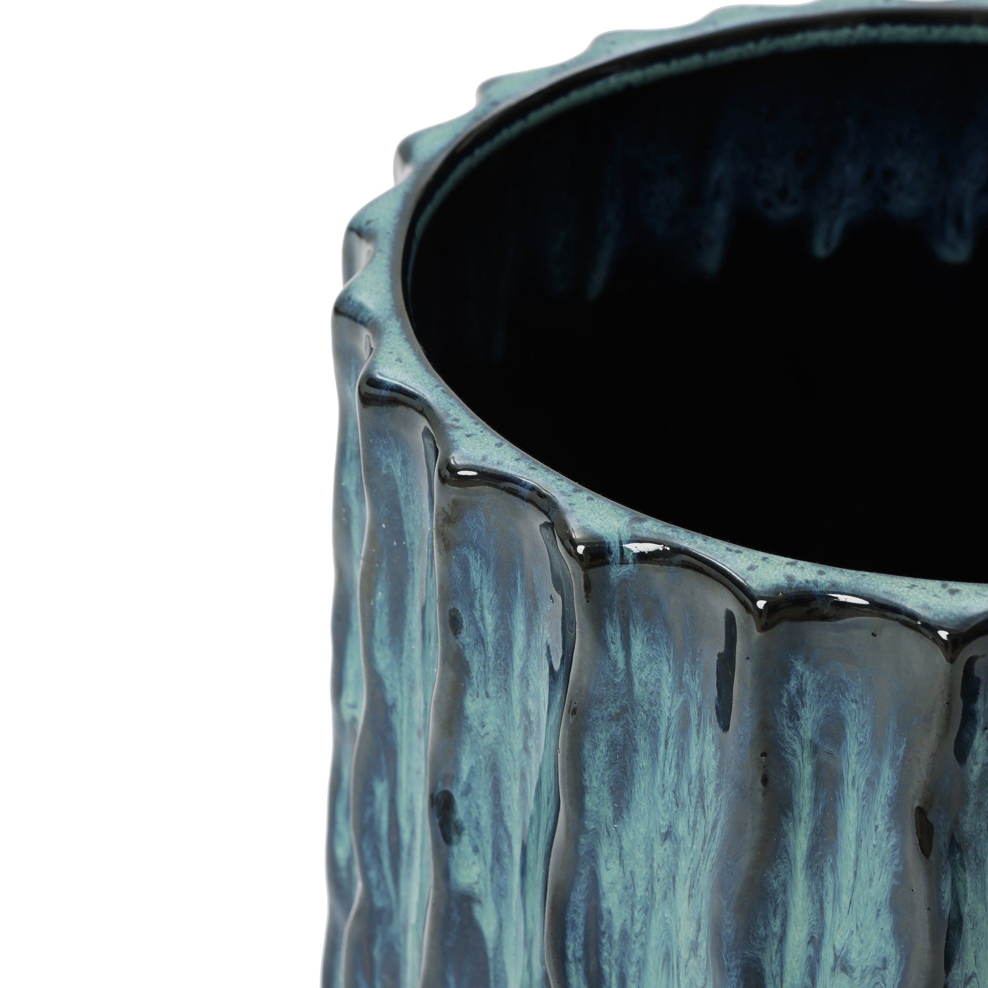 Verdant Rise Ribbed Ceramic Planter, Coastal Gradient Decorative Pot