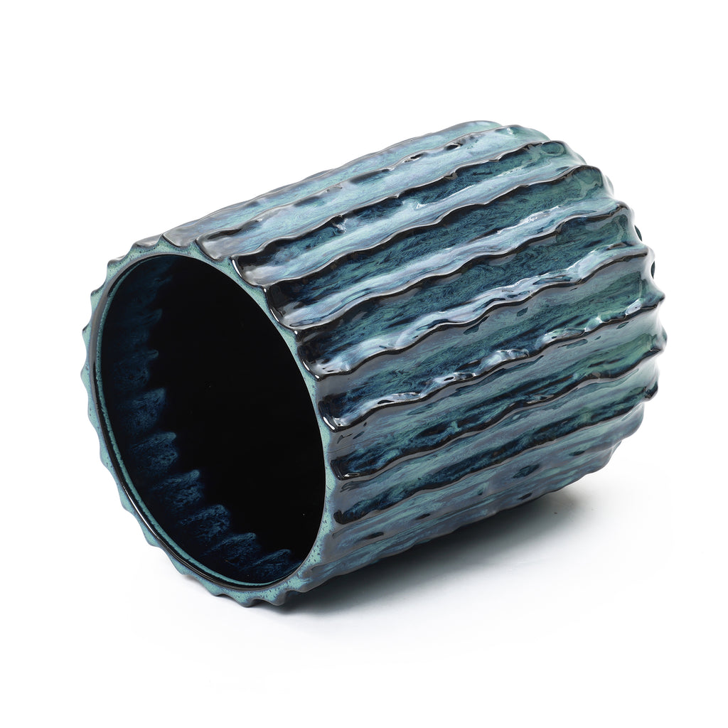 Verdant Rise Ribbed Ceramic Planter, Coastal Gradient Decorative Pot