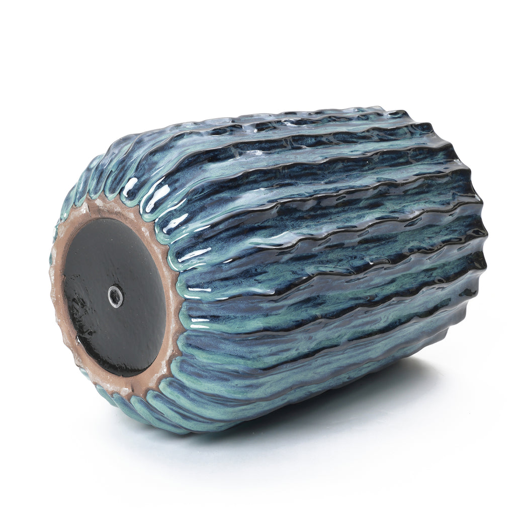 Verdant Rise Ribbed Ceramic Planter, Coastal Gradient Decorative Pot