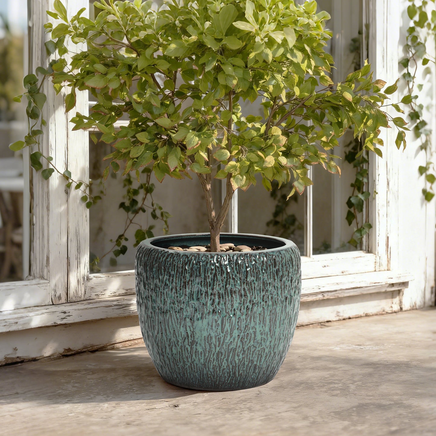 Vero Striated Ceramic Round Planter, Green, 12"