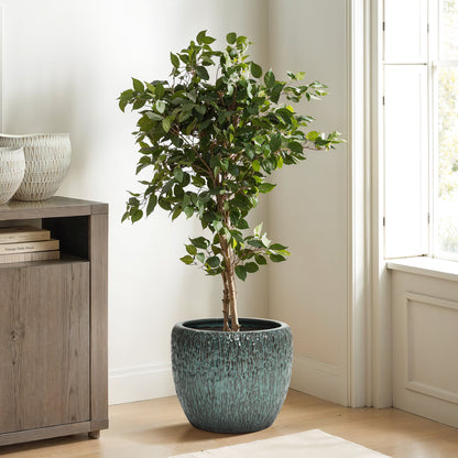 Vero Striated Ceramic Round Planter, Green, 12"
