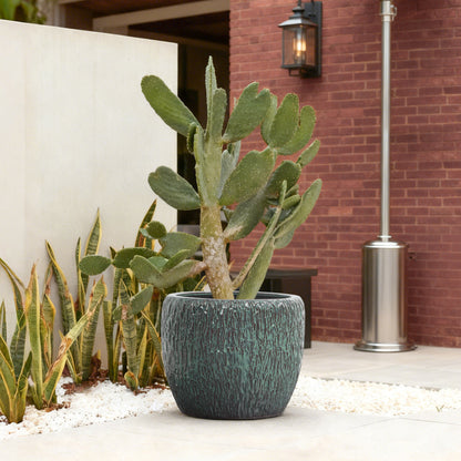 Vero Striated Ceramic Round Planter, Green, 12"