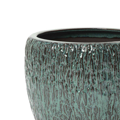 Vero Striated Ceramic Round Planter, Green, 12"