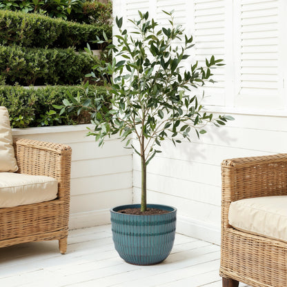 Veranda Textured Ceramic Round Planter, Green Blue, 12"