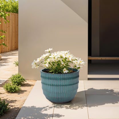 Veranda Textured Ceramic Round Planter, Green Blue, 12"