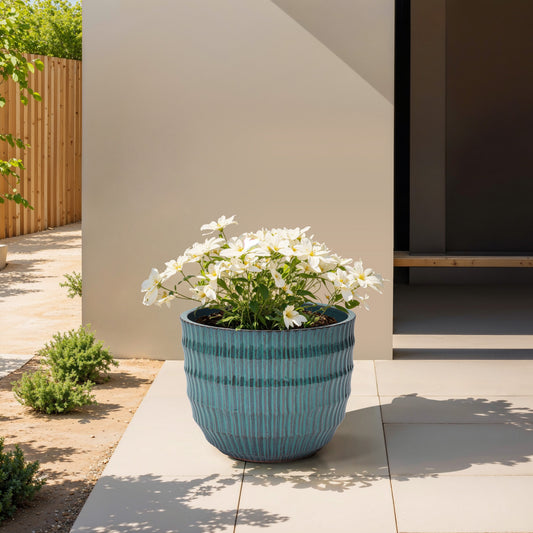 Veranda Textured Ceramic Round Planter, Green Blue, 12"