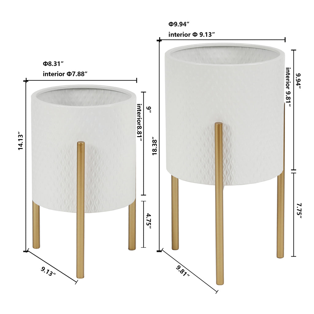 2-Piece Diamond Pattern Round Metal Cachepot Planter Set, White with Gold Stands