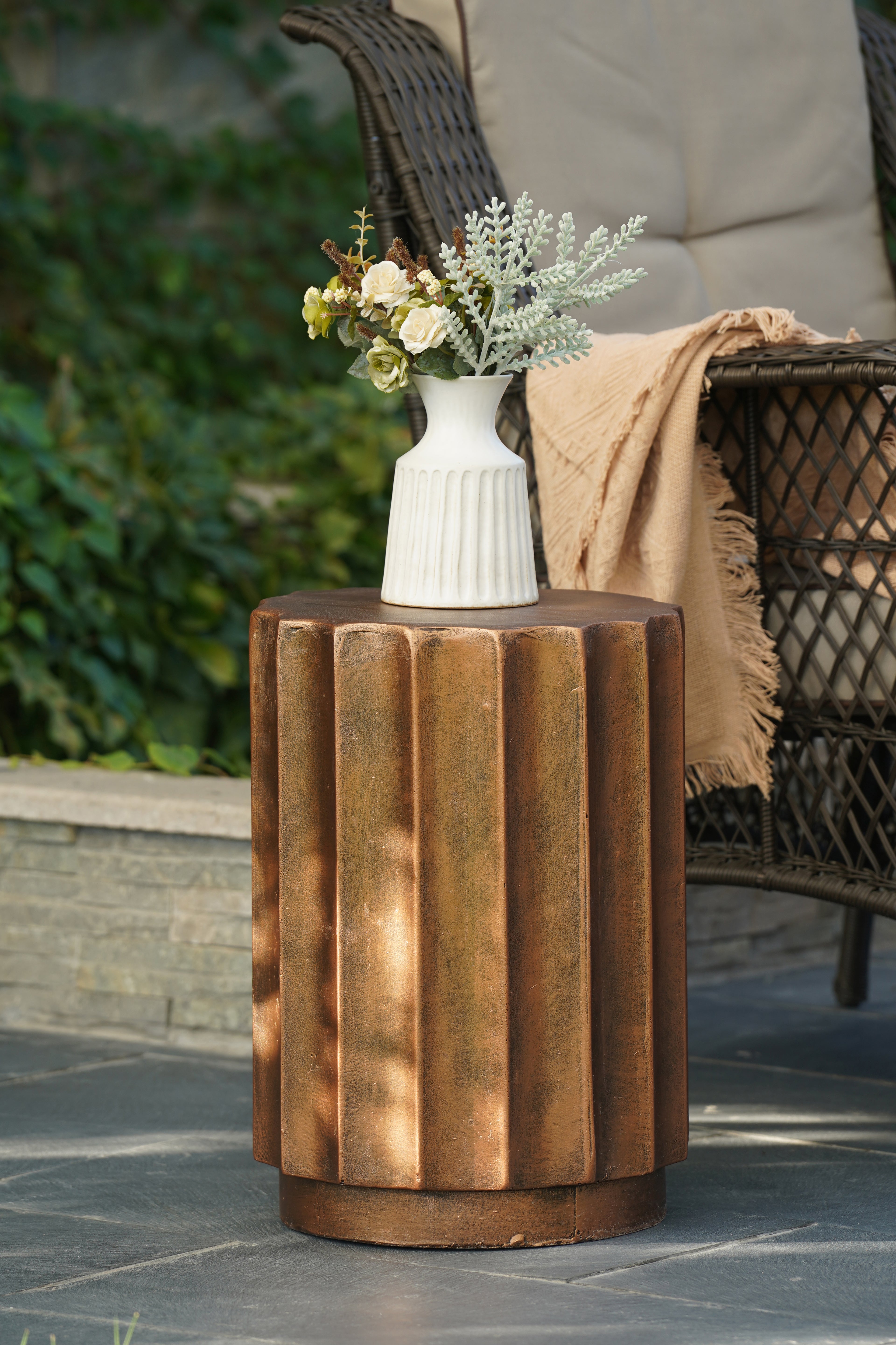 Weathered Copper Cement Fluted Round Indoor Outdoor Side and End Table
