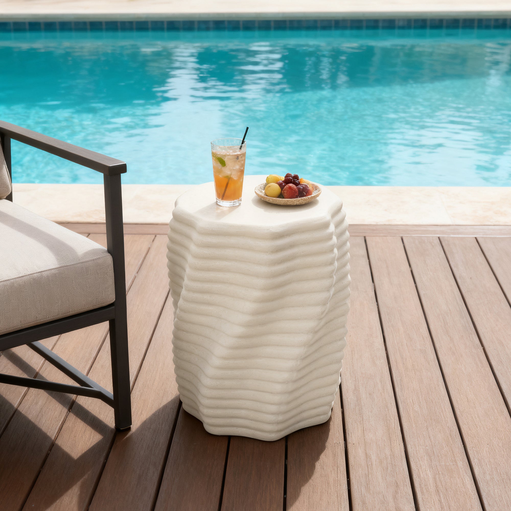 Sculptural MgO Patio Table, 18.3" Tall Round Side Table for Outdoor Spaces