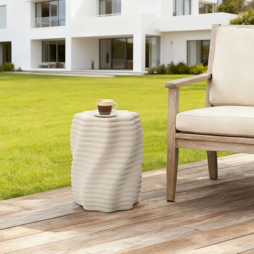 Sculptural MgO Patio Table, 18.3" Tall Round Side Table for Outdoor Spaces