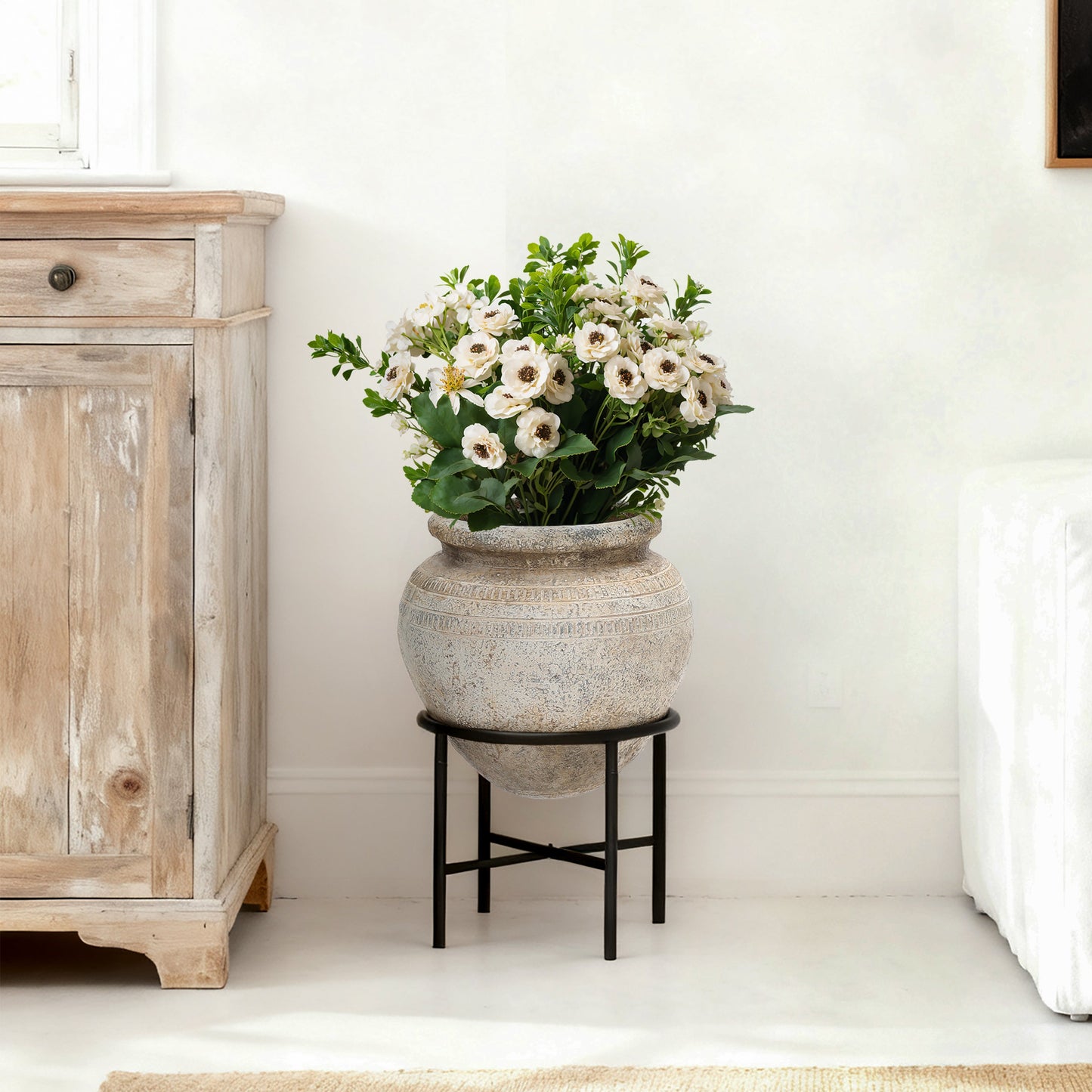 Cachepot Cauldron MgO Pot and Stand, Antique White, 21"