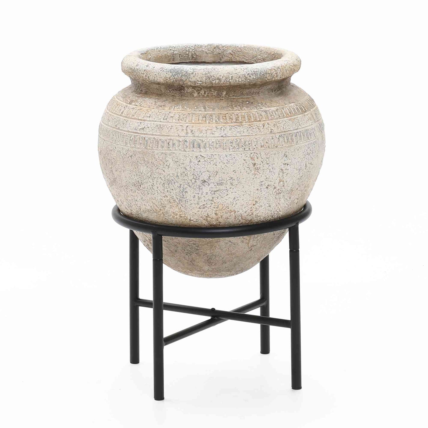 Cauldron MgO Cachepot with Metal Stand, Antique White