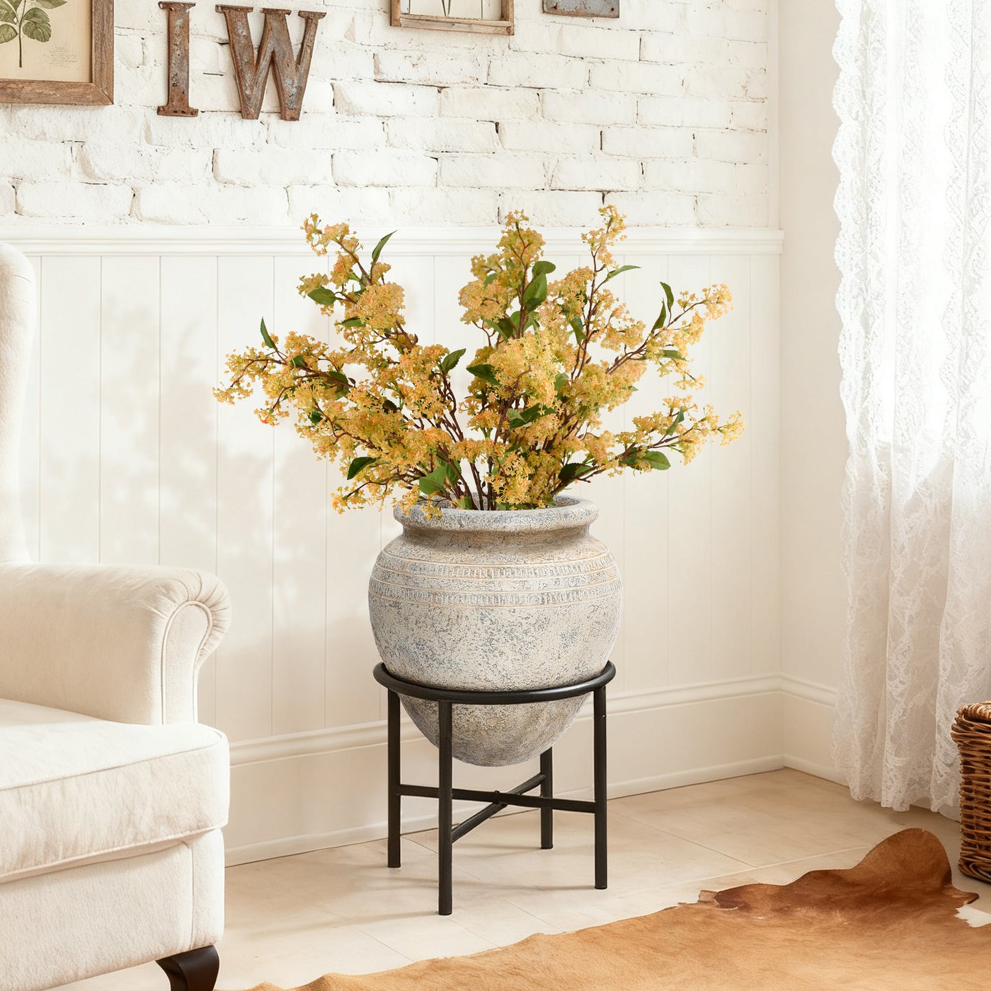 Cauldron MgO Cachepot with Metal Stand, Antique White