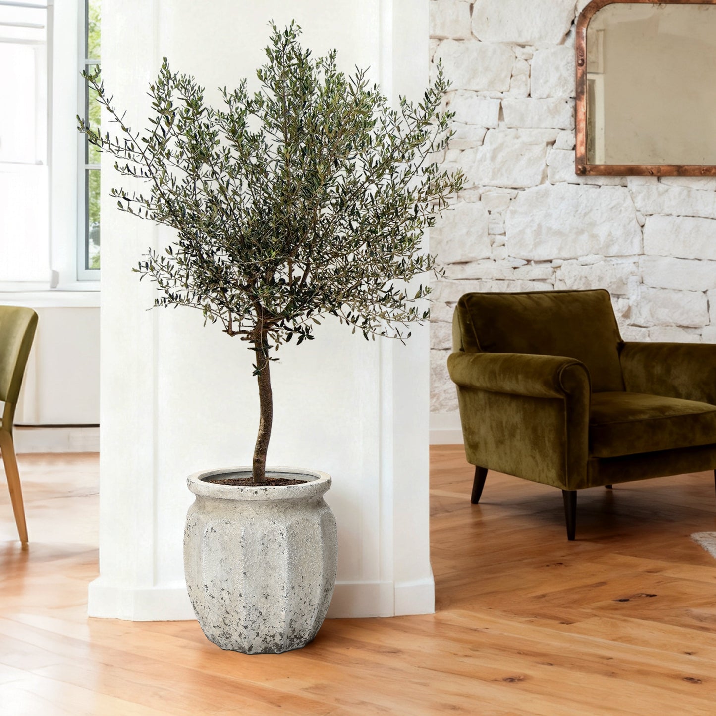 Linden Tall Stone-Effect MgO Planter, Rustic White, 18.5"