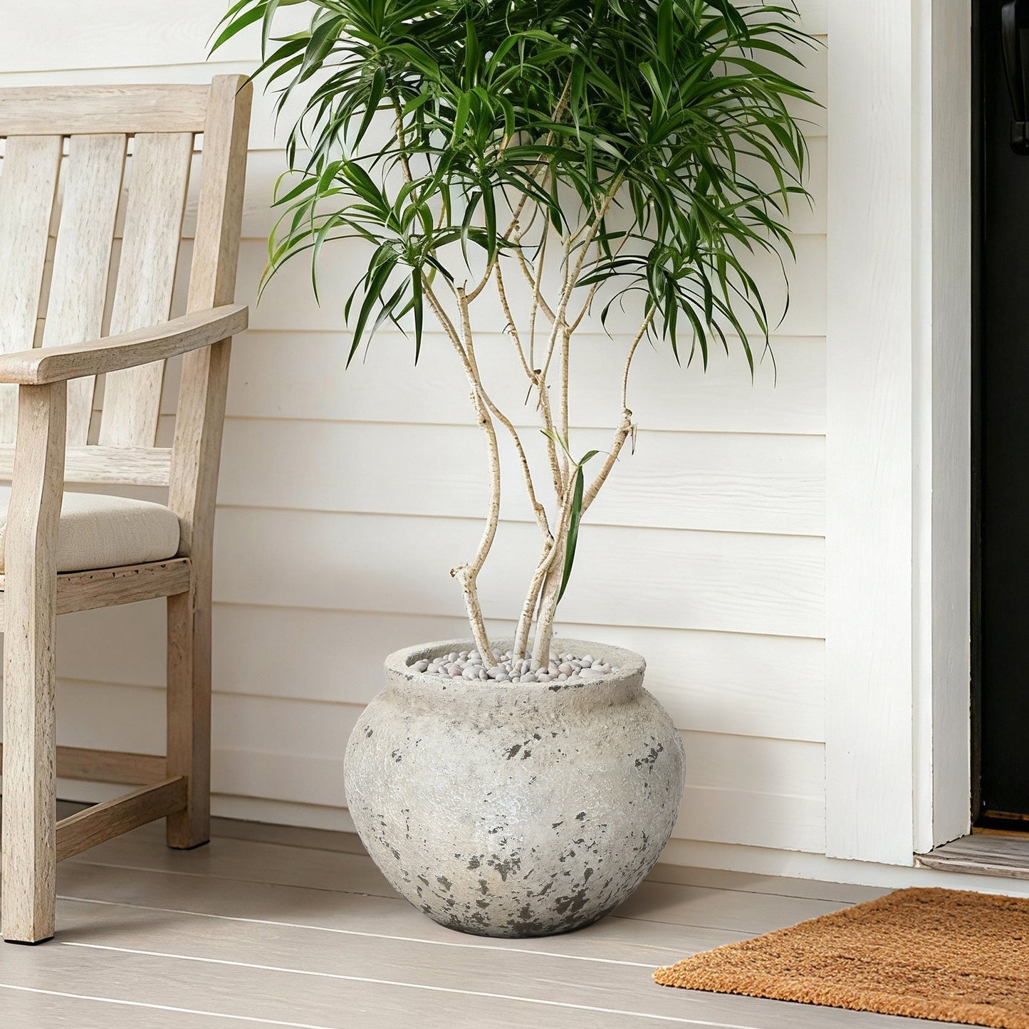 Linden Wide Stone-Effect MgO Planter, Rustic White, 12"