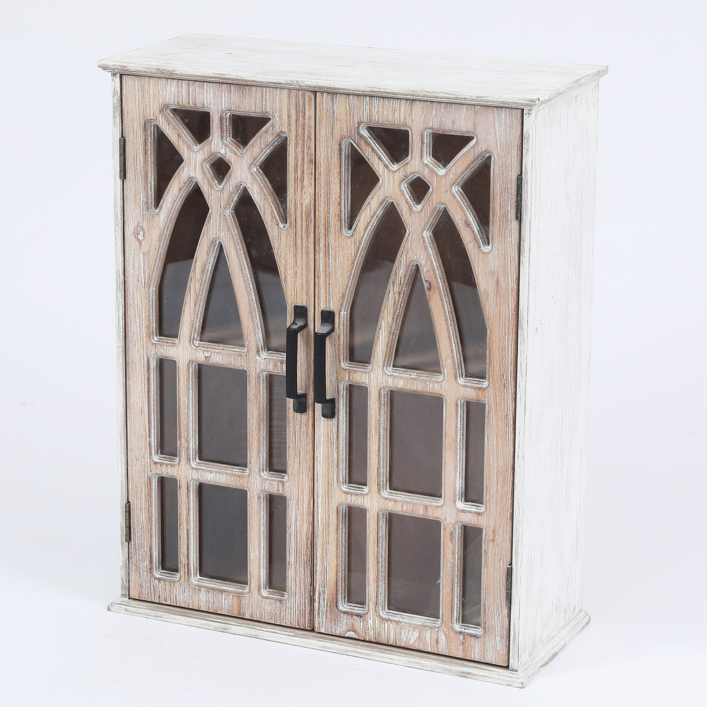 Farmhouse White and Natural MDF Wood Cathedral-Style 2-Door Wall Cabinet