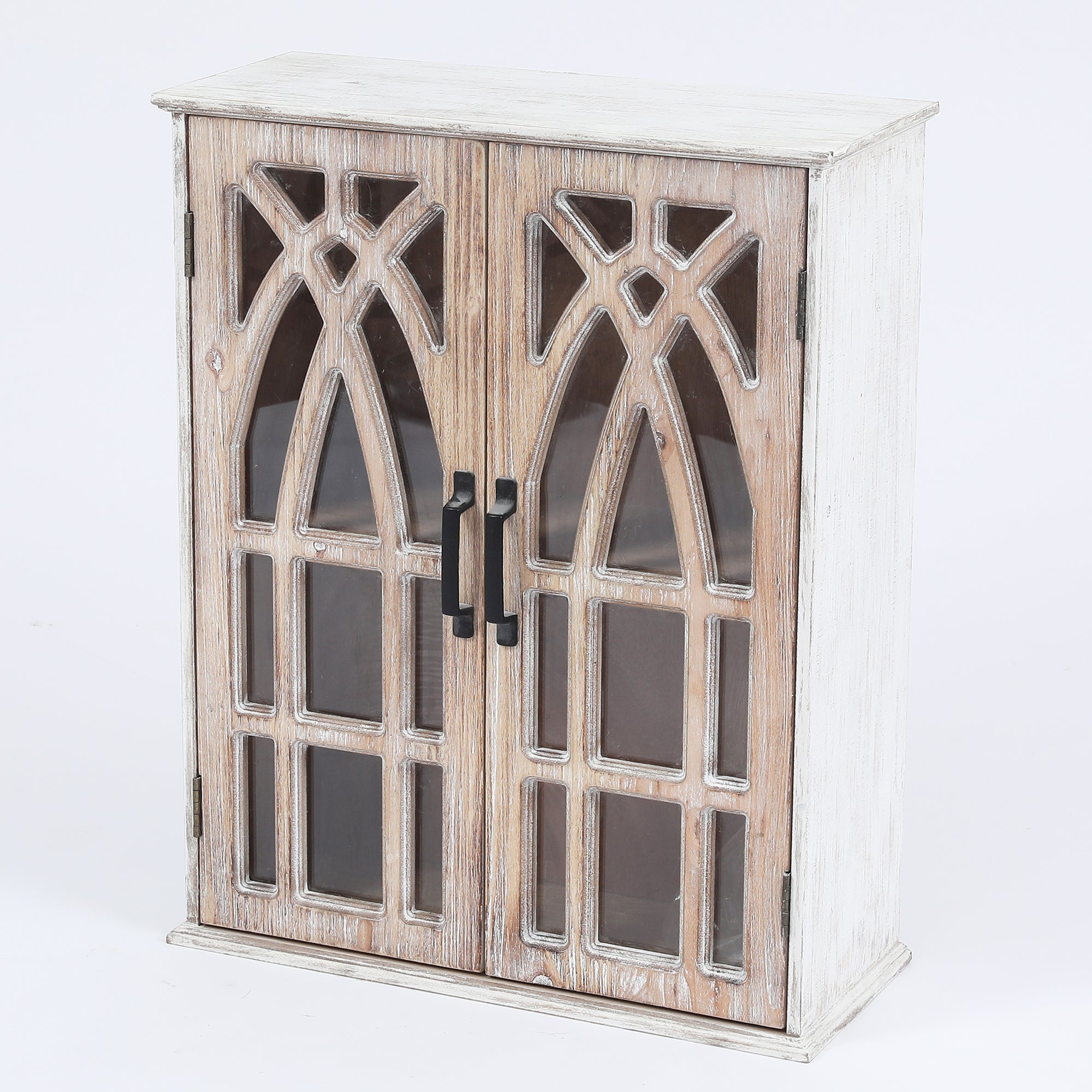 Farmhouse White and Natural MDF Wood Cathedral-Style 2-Door Wall Cabinet