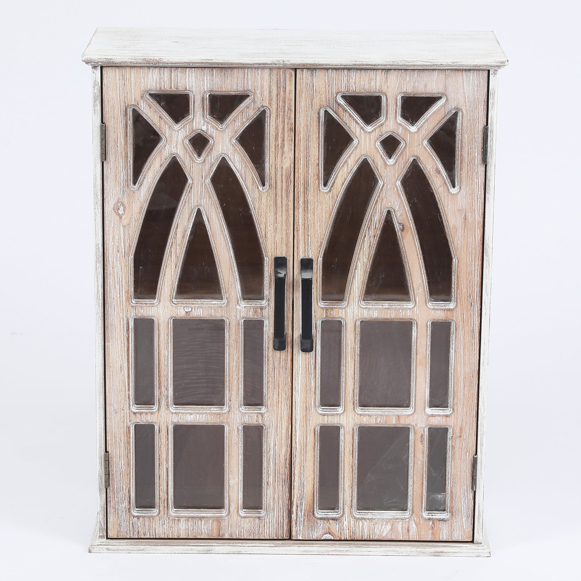 Farmhouse White and Natural MDF Wood Cathedral-Style 2-Door Wall Cabinet