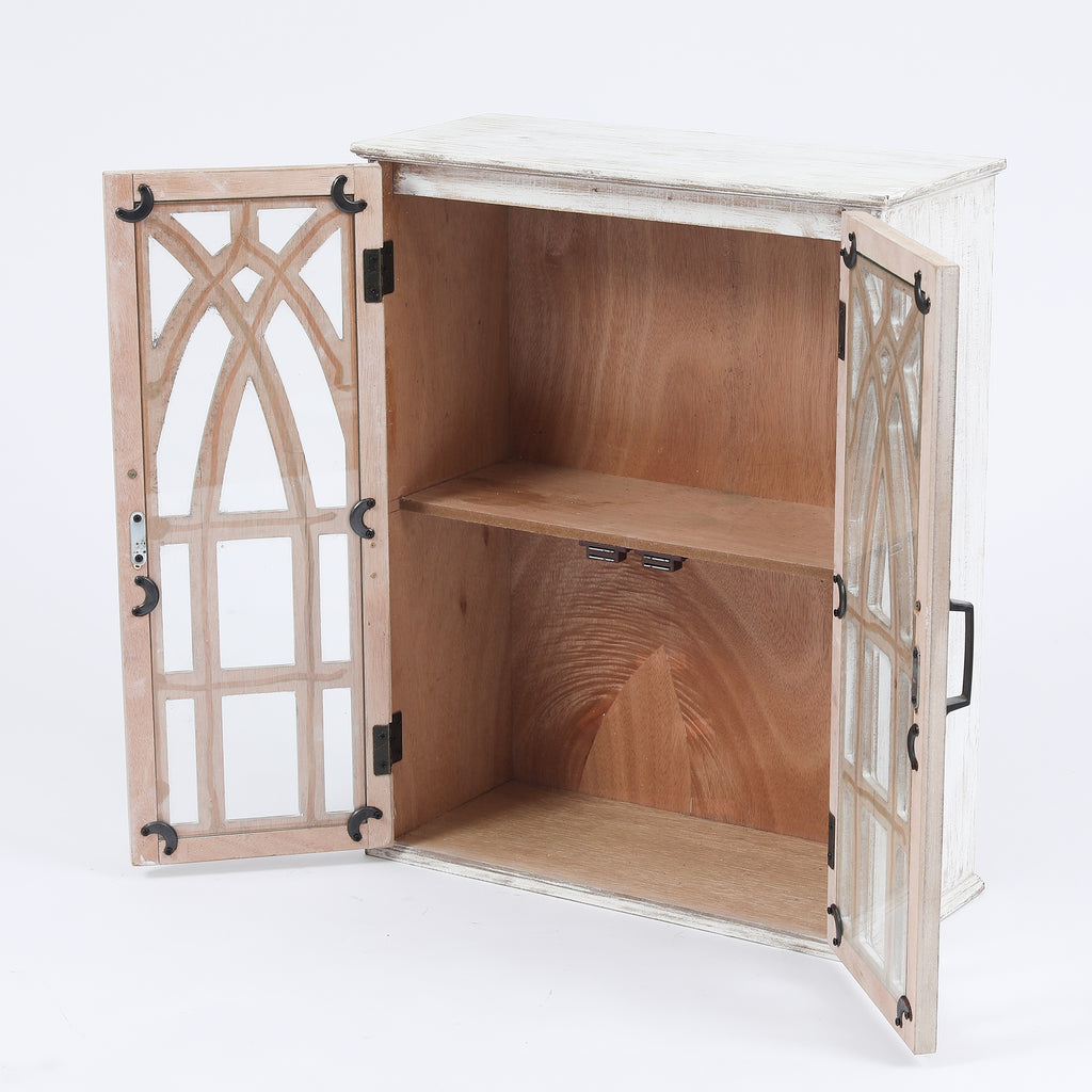 Farmhouse White and Natural MDF Wood Cathedral-Style 2-Door Wall Cabinet