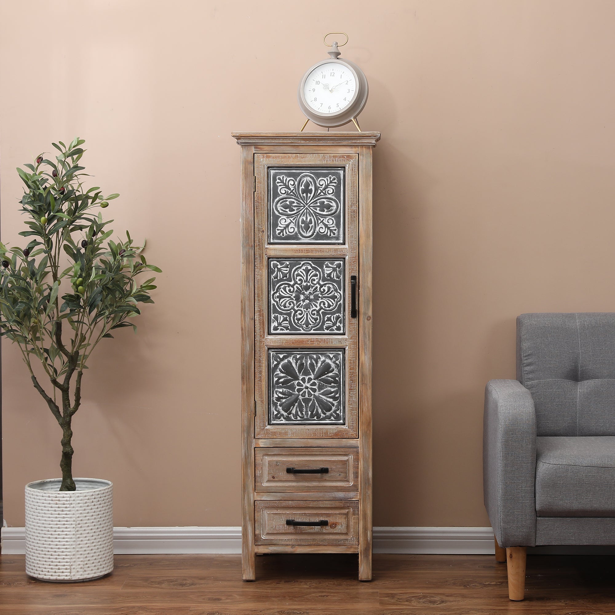 48" Tall Wood and Metal 2-Drawer 1-Door Storage Cabinet