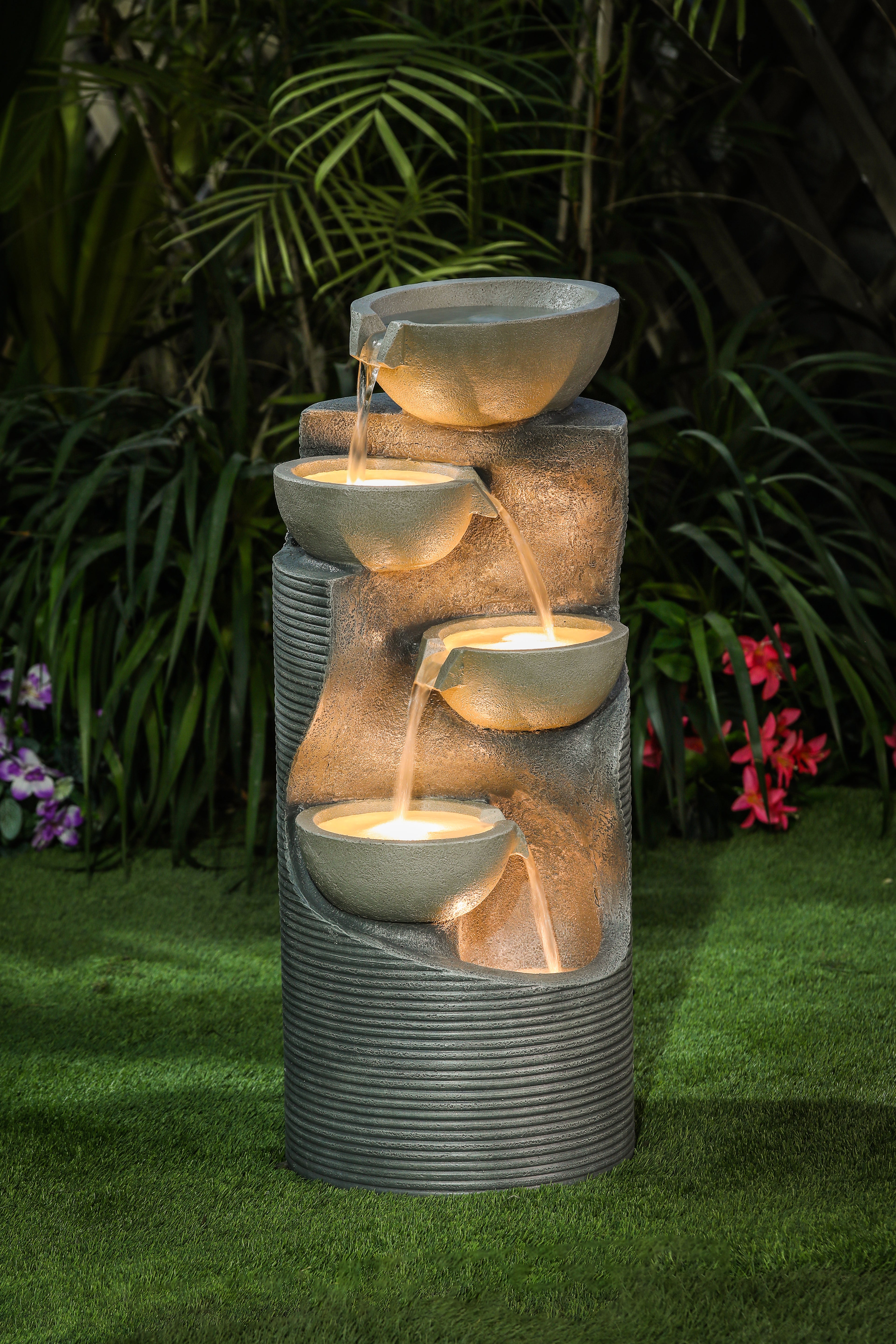 Modern Minimalist Multi-Tier Water Fountain Sculpture with LED Lights – Resin Outdoor & Indoor Decor for Garden, Patio & Office