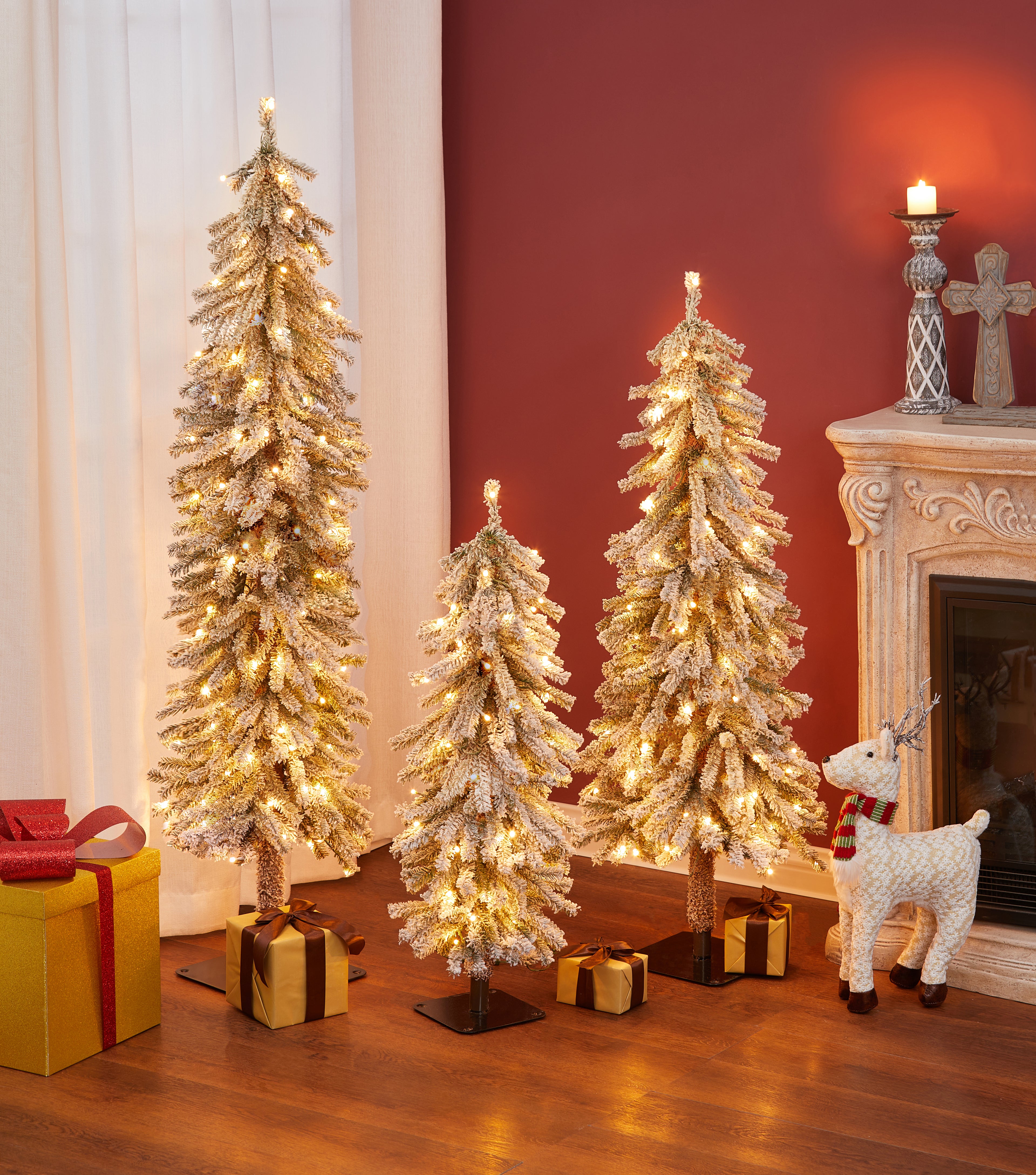 Set of 3 Pre-Lit LED Flocked Fir Slim Artificial Christmas Trees