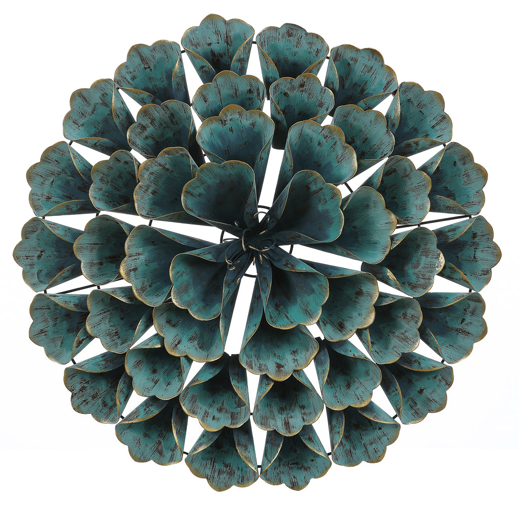 23.5" Round Teal Blue Flower Metal Wall Decor