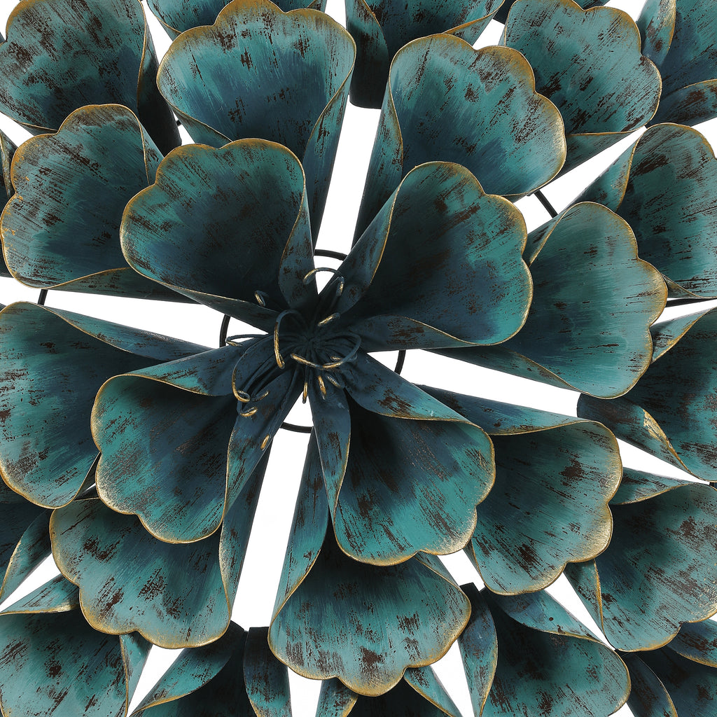 23.5" Round Teal Blue Flower Metal Wall Decor