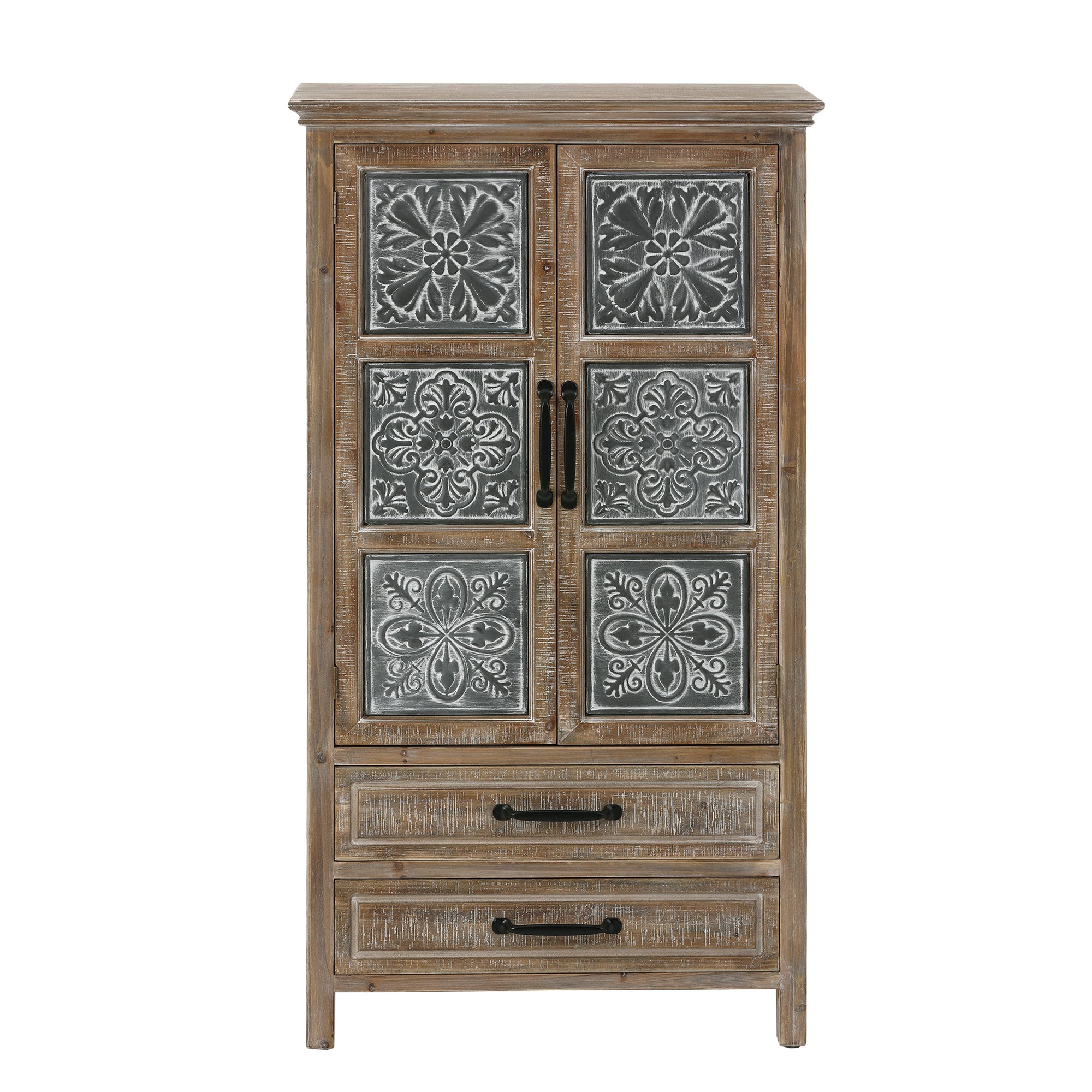 Farmhouse Wood and Metal 2-Drawer 2-Door Storage Cabinet