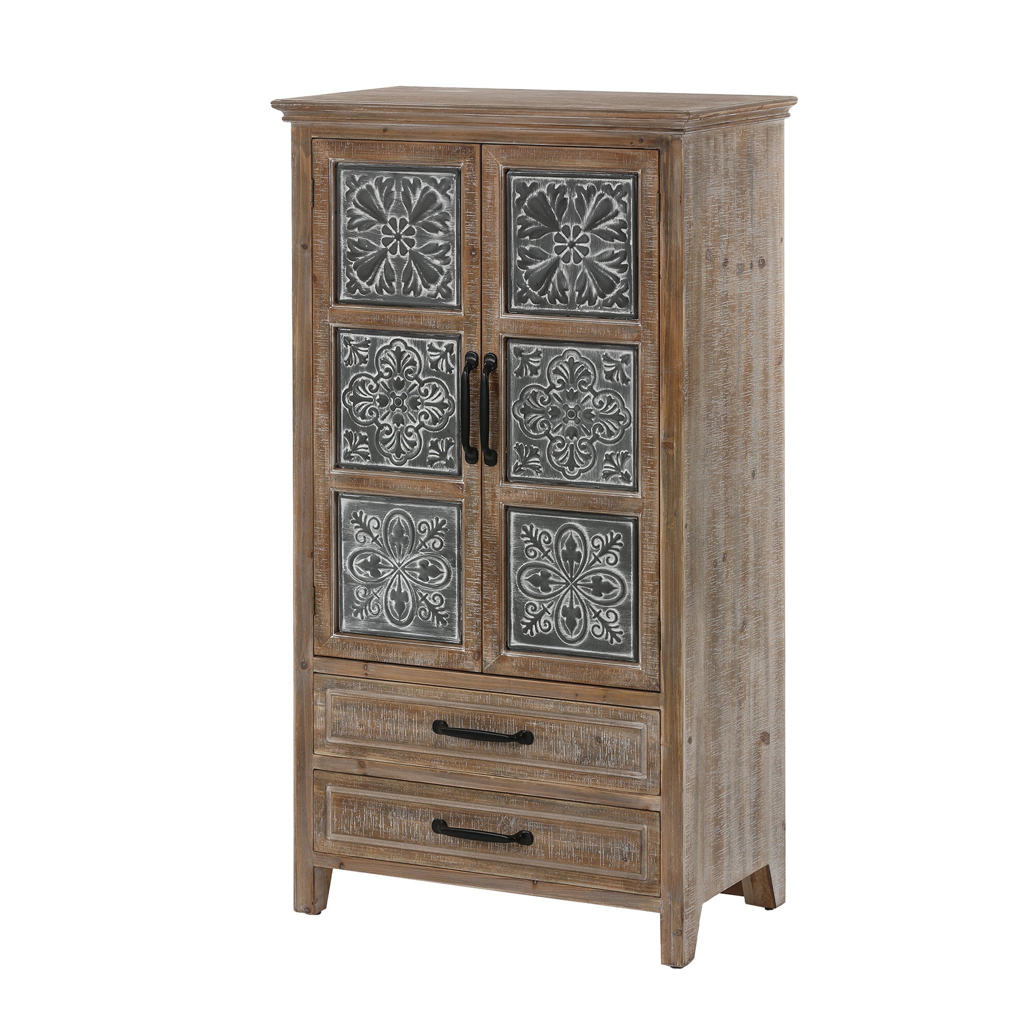 Farmhouse Wood and Metal 2-Drawer 2-Door Storage Cabinet
