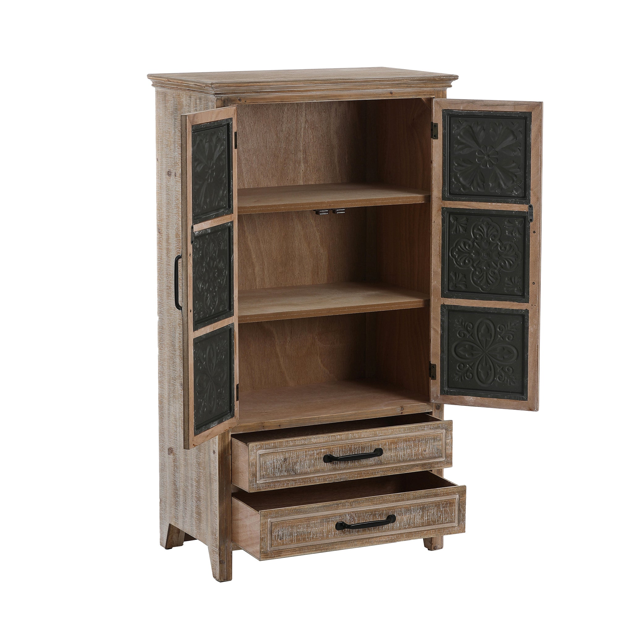 Farmhouse Wood and Metal 2-Drawer 2-Door Storage Cabinet
