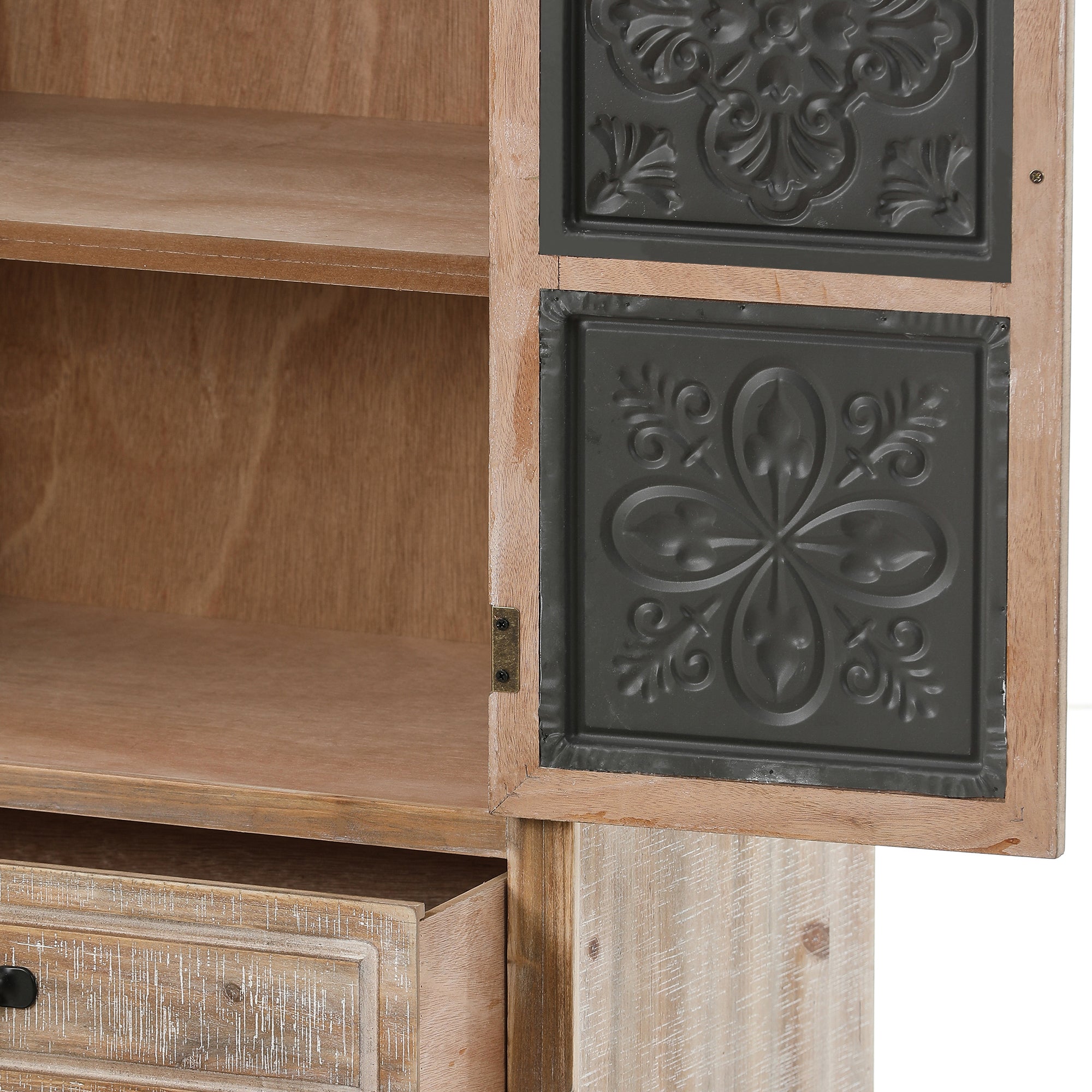 Farmhouse Wood and Metal 2-Drawer 2-Door Storage Cabinet