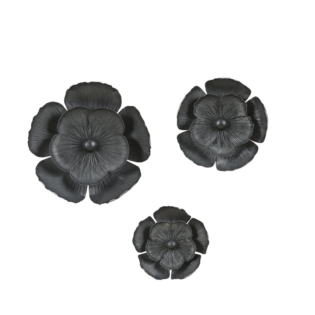 3-Piece Dark Gray with Gold Metal Flowers Wall Decor Set