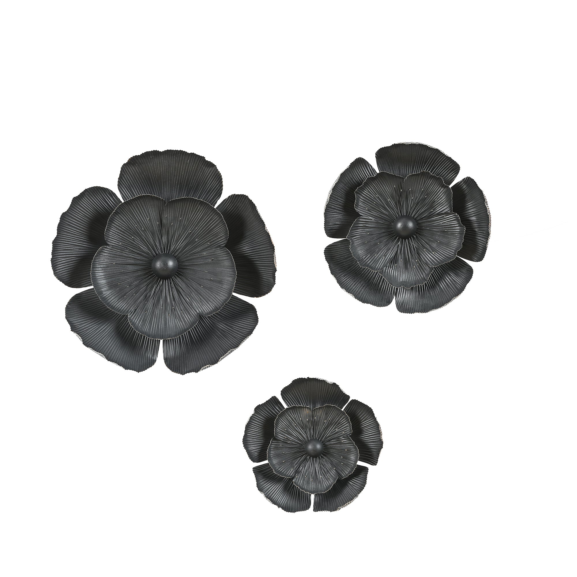 3-Piece Dark Gray with Gold Metal Flowers Wall Decor Set