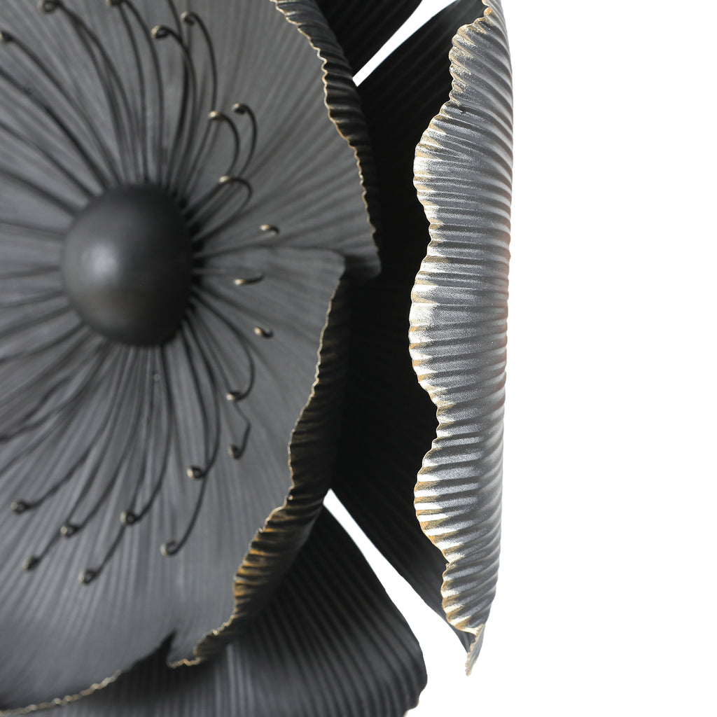3-Piece Dark Gray with Gold Metal Flowers Wall Decor Set