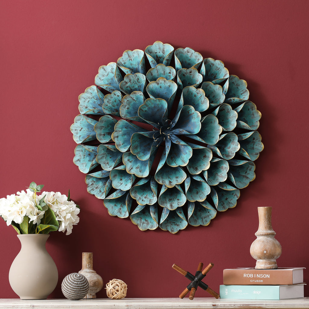 23.5" Round Teal Blue Flower Metal Wall Decor